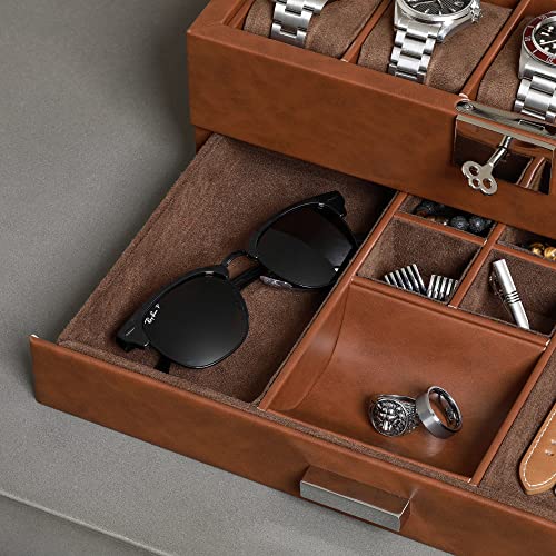 10 Slot Watch Box in Leather with Valet Drawer