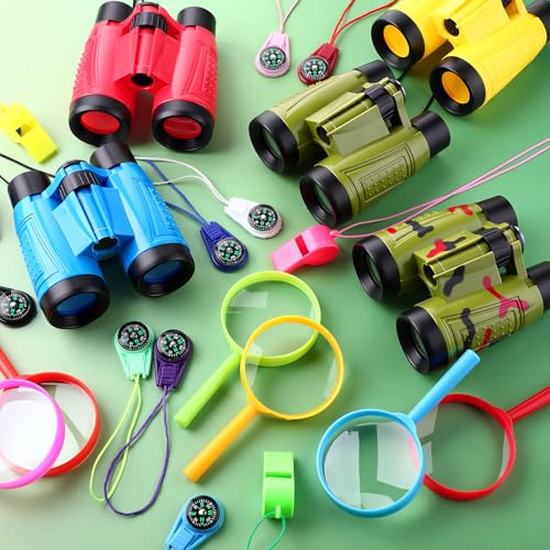 12 Set Binocular Compass Magnifying Glass Set Christmas Birthday Gift Small Telescope Binocular with Whistle Bag for Outdoor Exploring Stocking Stuffer (12 Count)