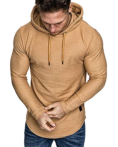 Mens Fashion Athletic Hoodies Sport Sweatshirt Solid Color Fleece Pullover Khaki 3XL