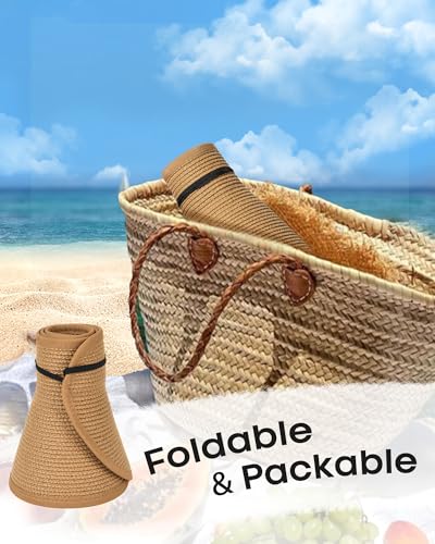 Womens Sun Visor Hats Wide Brim Straw Beach Hat UV Protection Ponytail Packable Beach Vacation Essentials Beige
