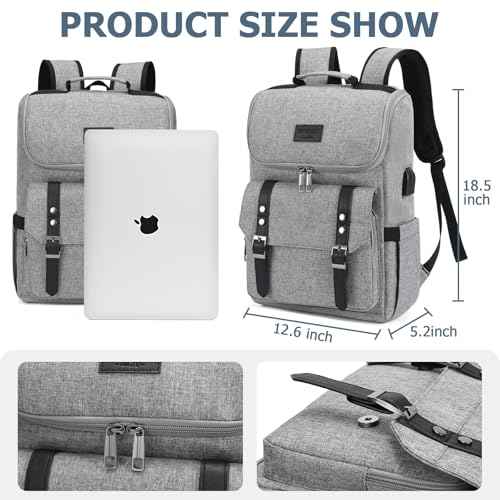 Vintage Backpack Travel Laptop Backpack with usb Charging Port for Women & Men College Backpack Fits 15.6 Inch Laptop Grey Brown