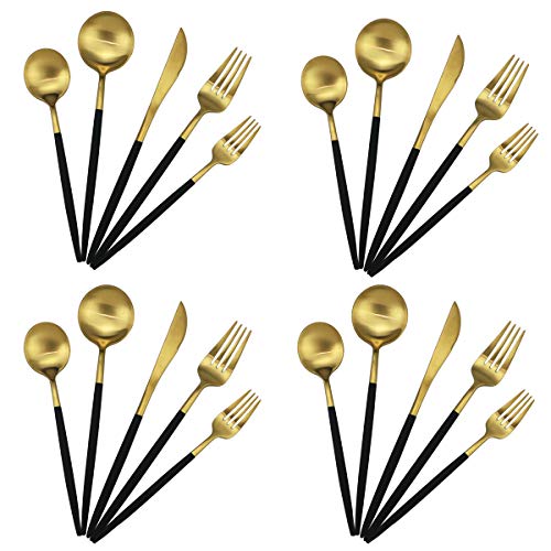 20-Piece 18/10 Stainless Steel Flatware Silverware, Luxury Dinnerware Set Travel Cutlery Tableware Include Knife Fork Spoon Service for 4, Dishwasher Safe (Black Handle Matte Gold) (4 Count)