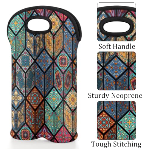 Square Mandala 2 Bottle Wine Carrier Tote Bag Insulated Wine Bottles Neoprene Bag with Secure Carry Handle Portable Wine Cooler Bag for Travel Picnic Beach (2 Count)