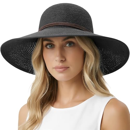 Womens Sun Straw Hat Bowknot Hat Summer Wide Brim Bucket Hats Foldable Beach Sun Hats Roll up UPF 50+