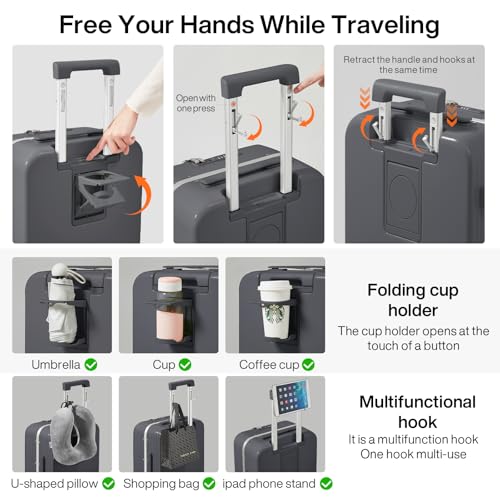 Carry On Luggage with Cup Phone Holder and Charger Hard Shell Suitcases with Spinner Wheels