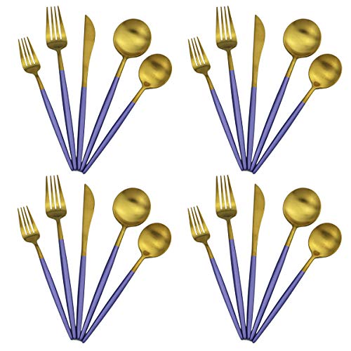 20-Piece 18/10 Stainless Steel Flatware Silverware, Luxury Dinnerware Set Travel Cutlery Tableware Include Knife Fork Spoon Service for 4, Dishwasher Safe (Purple Handle Matte Gold) (4 Count)
