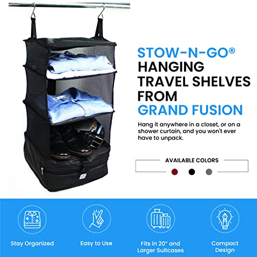 Stow-N-Go Hanging Travel Shelves, Packing Organizer for Luggage. Carry on Closet for Suitcase. Expandable Packing Cube. Travel Essentials. (Black - L, L = (L) 11.8" x (W) 11.8")
