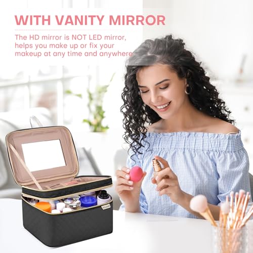 Large Makeup Bag with Mirror Double Layer Travel Make Up Organizer Case