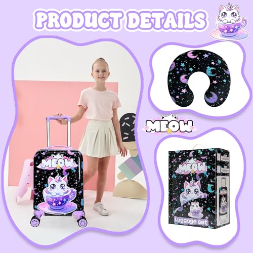 Cute Black Cat Kid's Luggage Set 2 Piece Suitcase Set 16" Hardside Luggage with Spinner Wheels Girls Carry on Toddler Travel Rolling Luggage Airline Approved (2 Count)