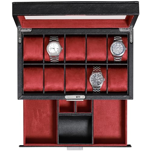 10 Slot Watch Box in Leather with Valet Drawer
