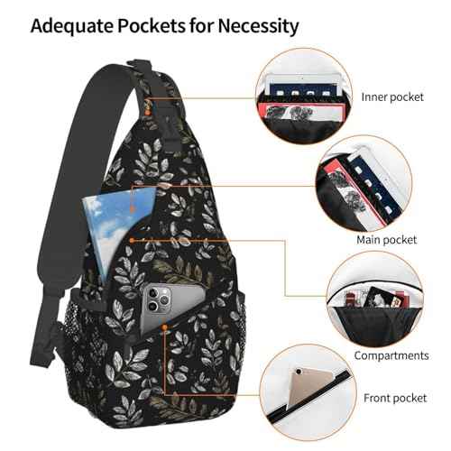 Sling Bag Boho Black Leaf Pattern Hiking Daypack Crossbody Shoulder Backpack Travel Chest Pack for Men Women