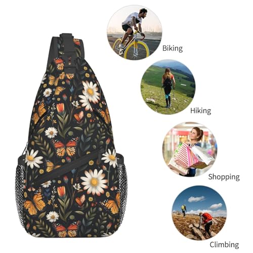 Sling Bag Vintage Butterfly Daisy Leaf Hiking Daypack Crossbody Shoulder Backpack Travel Chest Pack for Men Women
