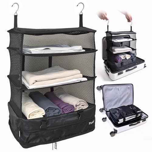 Stow-N-Go Hanging Travel Shelves, Packing Organizer for Luggage. Carry on Closet for Suitcase. Expandable Packing Cube. Travel Essentials. (Black - XL, XL = (L) 17.7" x (W) 11.8")