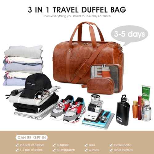 3PCS Faux Leather Weekender Bag for Women Men Travel Bag Overnight Bags (3 Count)