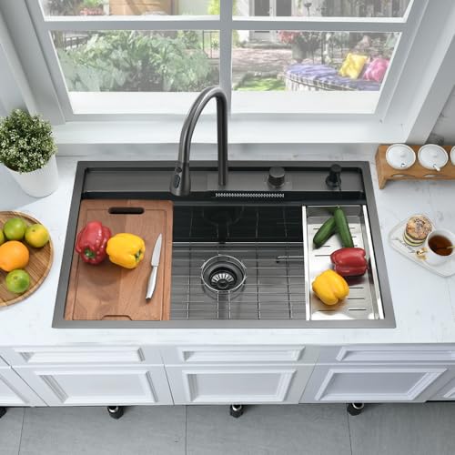 33 Inch Black Drop In Waterfall Kitchen Sink Workstation