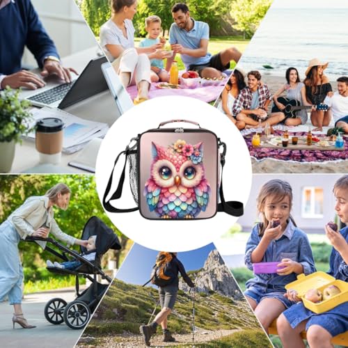 Cute Pink Owl Kids Lunch Box for Girls Boys Reusable Insulated Lunch Bag for Kids Toddler Thermal Cooler Spacious Lunchbox with Shoulder Strap Lunchbag for School Work Picnic (A06:owl)