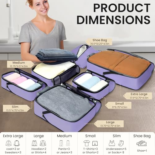 4 Set/6 Set/8 Set Compression Packing Cubes Travel Accessories Expandable Packing Organizers (Half Mesh, 6-Lavender)