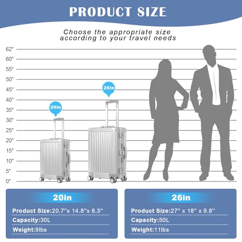 All Aluminum Carry On Luggage Hard Shell Luggage Aluminum Suitcase for Travel Zipperless Luggage Checked Luggage with Silent 360° Spinner Wheels 26 In