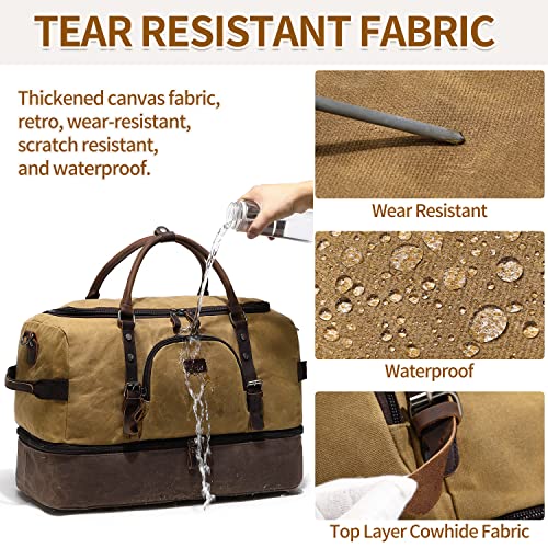 Nerlion Weekender Bag with Shoe Compartment Large Overnight Bag for Men Canvas Genuine Leather Carry on Luggage Bag Travel Duffel Bag