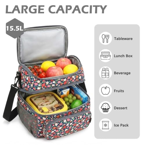Double Layer Cooler Insulated Lunch Bag Adult Lunch Box Large Tote Bag for Men (Floral)