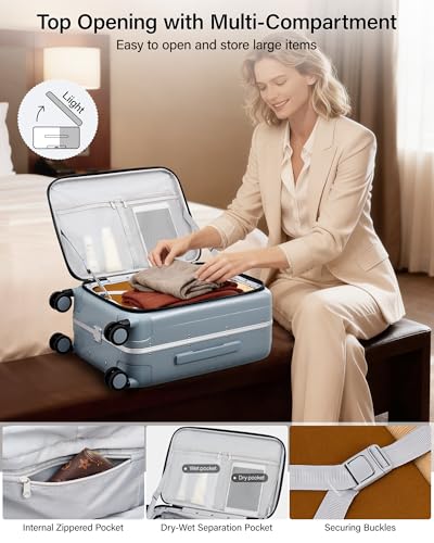 20 Inch Carry On Suitcase PC Hardshell Luggage Top Open Aluminum Frame Rolling Suitcases with Wheels Travel Luggage for Woman Men Gifts