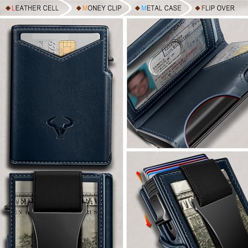 Men Slim Leather Wallet Metal Case Money Clip