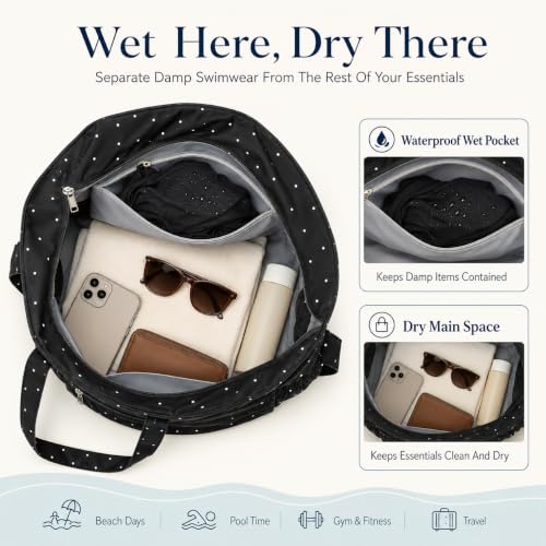 Waterproof Beach Tote Pool Bags for Women Ladies Extra Large Carry On Bag With Wet Compartment for Weekender Travel