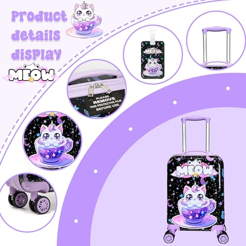 Cute Black Cat Kid's Luggage Set 2 Piece Suitcase Set 16" Hardside Luggage with Spinner Wheels Girls Carry on Toddler Travel Rolling Luggage Airline Approved (2 Count)