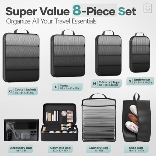 8 Set Compression Packing Cubes for Travel Essentials (8 Count)