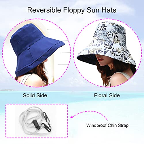 Women Floral Reversible Wide Brim Sun Hats Wired Edge Summer UPF Hat for Beach Hiking Garden Travel Lawn Work Chin Strap
