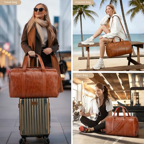 3PCS Faux Leather Weekender Bag for Women Men Travel Bag Overnight Bags (3 Count)