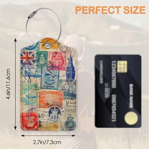 Retro Wanderlust Stamps 3 PCS PU Leather Luggage Tags for Suitcase (3 Count)