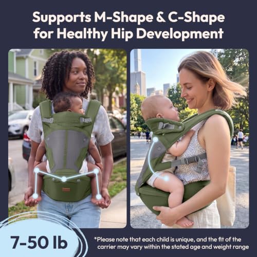6-in-1 Baby Carrier with Hip Seat, Ergonomic Newborn to Toddler Carrier 7–50 lbs, Front Back Hip Carry, Lumbar Support, Sun Hood, Safety-Certified, Seaweed Green