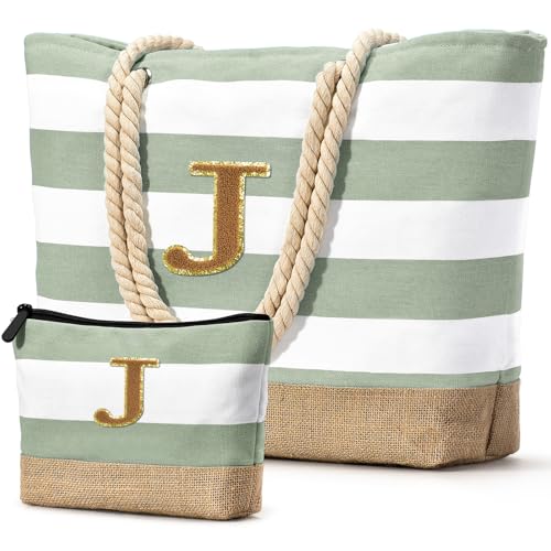 Beach Bag Initial Beach Tote with Makeup Bag for Travel
