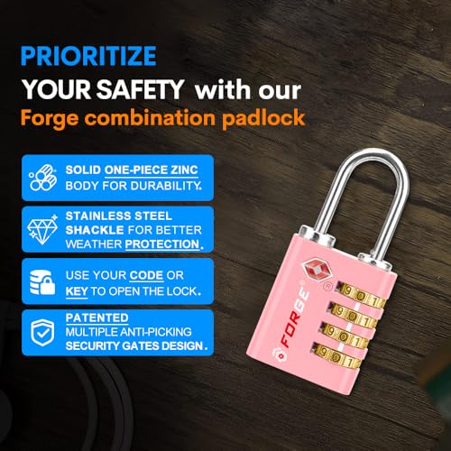 Dual-Opening: Key or Combination Access Lock, TSA Approved Locks for Luggage, Pelican case, Travel, Gym, School, Stainless Steel Shackle. (Pink, 2 Pk) (2 Count)