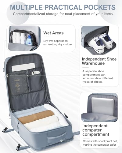 Large Travel Backpack Carry On for Women Man Waterproof Gym Backpack with Laptop Compartment Mochila de Viaje Teacher Personal Item Backpacks Rucksack Airplane Accessories Must Haves Gray Blue