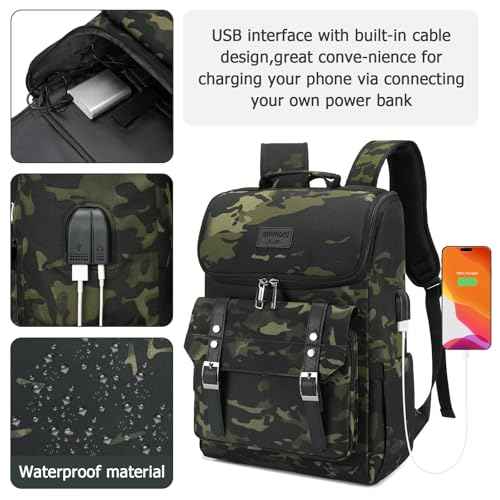 Vintage Backpack Travel Laptop Backpack with usb Charging Port for Women & Men College Backpack Fits 15.6 Inch Laptop Camouflage Green