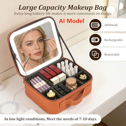 Travel Makeup Bag with Mirror & 6 Adjustable EVA Dividers