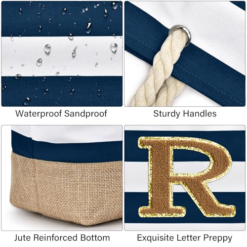 Beach Bag Initial Beach Tote with Makeup Bag for Travel