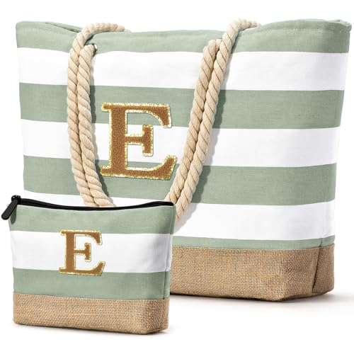 Beach Bag Initial Beach Tote with Makeup Bag for Travel Work Storage Personalized Birthday Gifts for Women Her