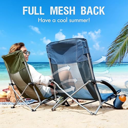 Beach Chairs for Adults 2 Pack High Back Low Folding Camping Chair Portable Lightweight with Cup Holder for Travel (2 Count)