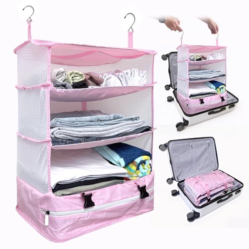 Stow-N-Go Hanging Travel Shelves, Packing Organizer for Luggage. Carry on Closet for Suitcase. Expandable Packing Cube. Travel Essentials. (Pink - XL, XL = (L) 17.7" x (W) 11.8")