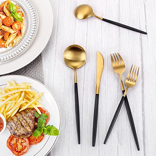 Matte Gold Silverware Set With Black Handle (4 Count)