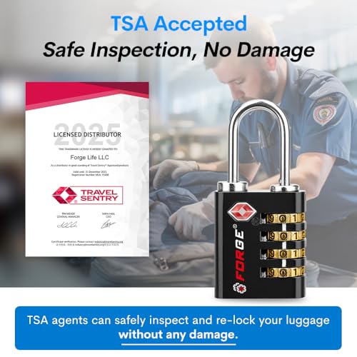 Dual-Opening: Key or Combination Access Lock, TSA Approved Locks for Luggage, Pelican case, Travel, Gym, School, Stainless Steel Shackle. (Black, 4 Pk) (4 Count)