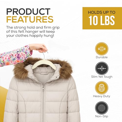 50 Pack New Premium Quality Velvet Hangers Ultra Thin Non Slip Adult Felt Space Saving Hangers for Closet Heavy Duty Coat Pants Jackets Dress Hangers 360° Swivel Hook Hold Upto 10 lbs Ivory (50 Count)