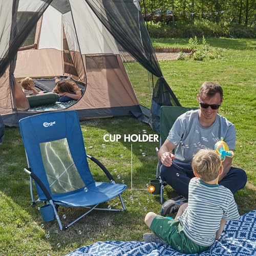 Beach Chairs for Adults 2 Pack High Back Low Folding Camping Chair Portable Lightweight with Cup Holder for Travel (2 Count)