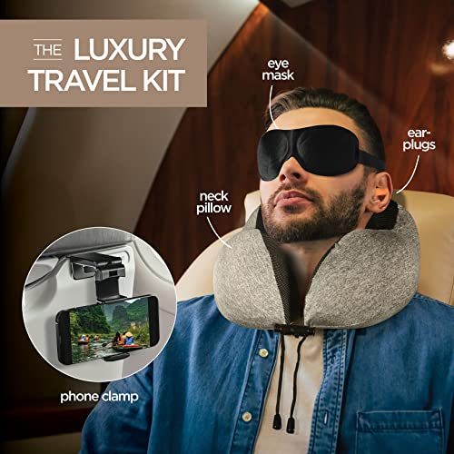 Airplane Neck Pillow Includes Travel Pillow + Airplane Phone Holder Mount + Eye Masks + Earplugs for Travel (2 Count)