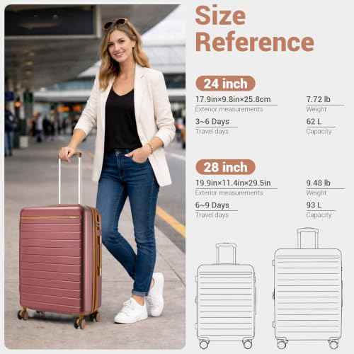 Checked Suitcase 24in Expandable ABS+PC Side Handles luggage Burgundy