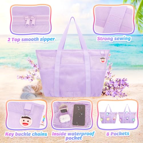 Mesh Beach Bag with Zipper and 8 Pockets