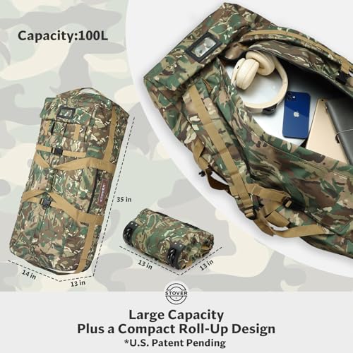 45/80/100L Rolling Duffel Bag with Wheels, X-Large Durable Travel Duffle + Toiletry Bag, Heavy Duty, Packable with Shoulder Straps- Use as Luggage or Backpack (Camouflage)